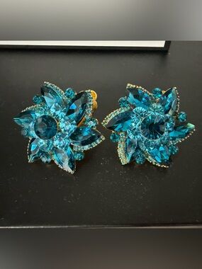 Teal Blue Crystal Flower Clip-On Earrings